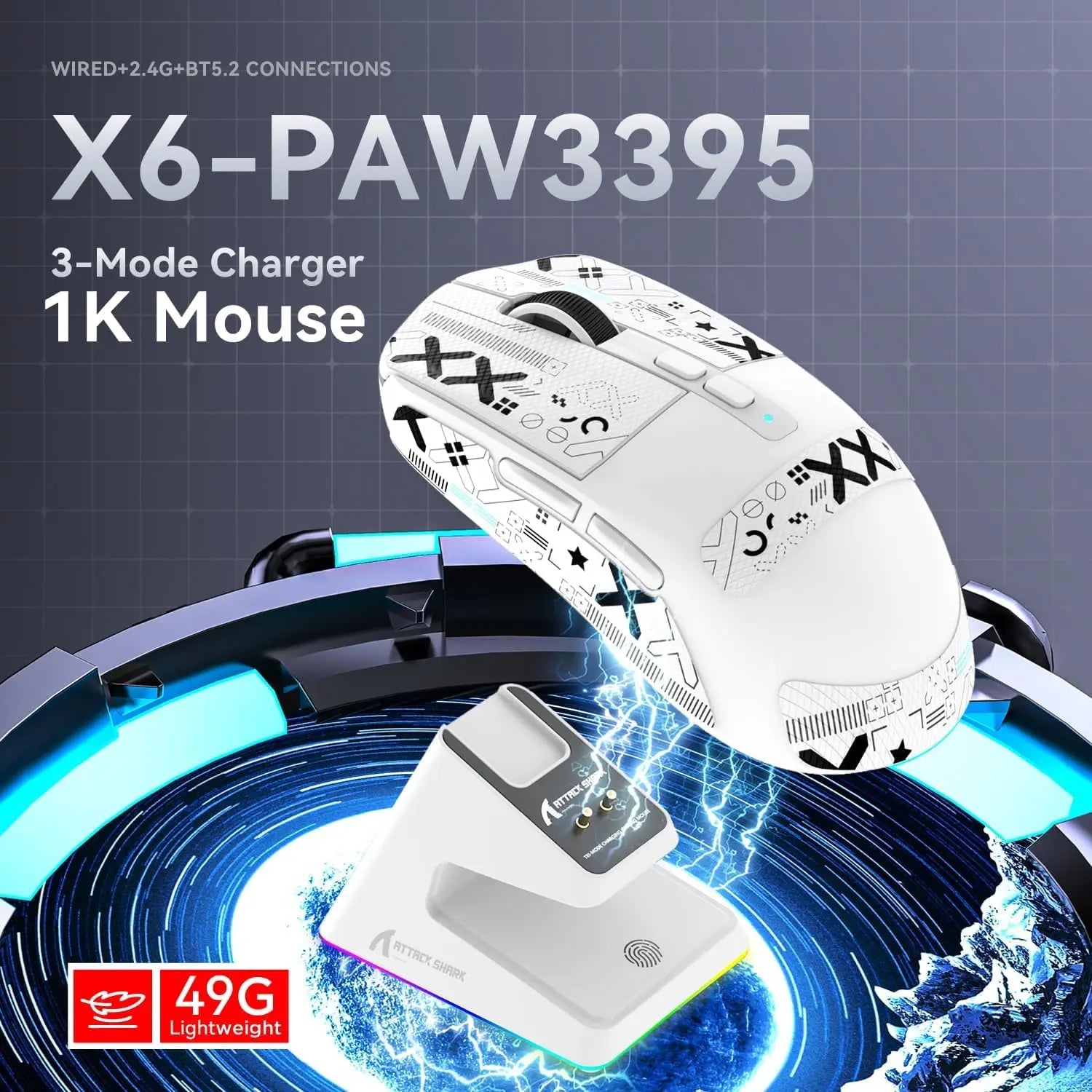 ATTACK SHARK X6 Lightweight Wireless Gaming Mouse with RGB Backlight Charging Base,Tri-Mode,26K DPI, PAW3395 Optical Sensor